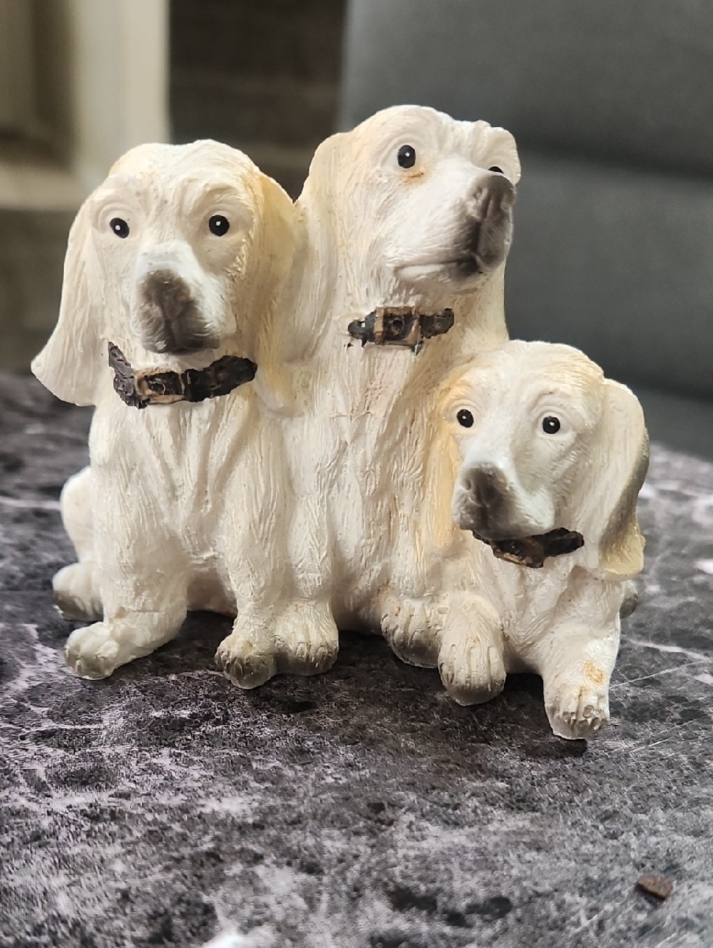 White Triple Dog Figurine with Brown Collars - Decorative Pet Sculpture